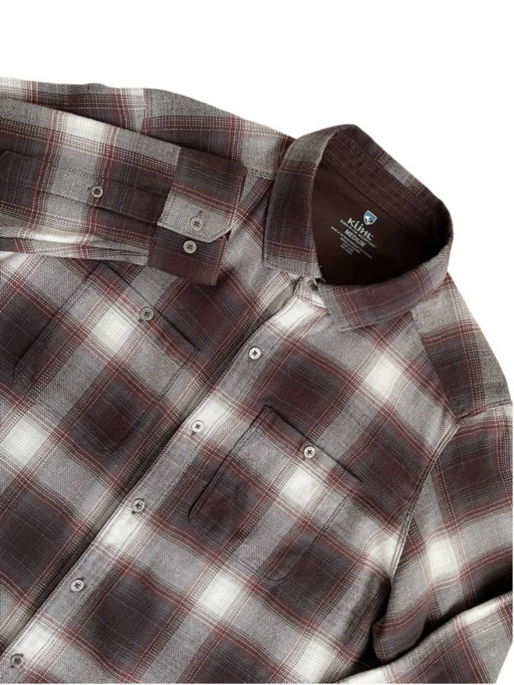 Kuhl The Law Flannel Shirt Men’s Medium Brown Shadow Plaid Button Down